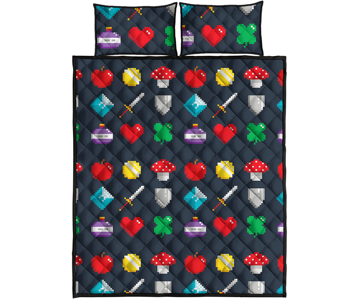 8-Bit Pixel Game Items Print Quilt Bed Set