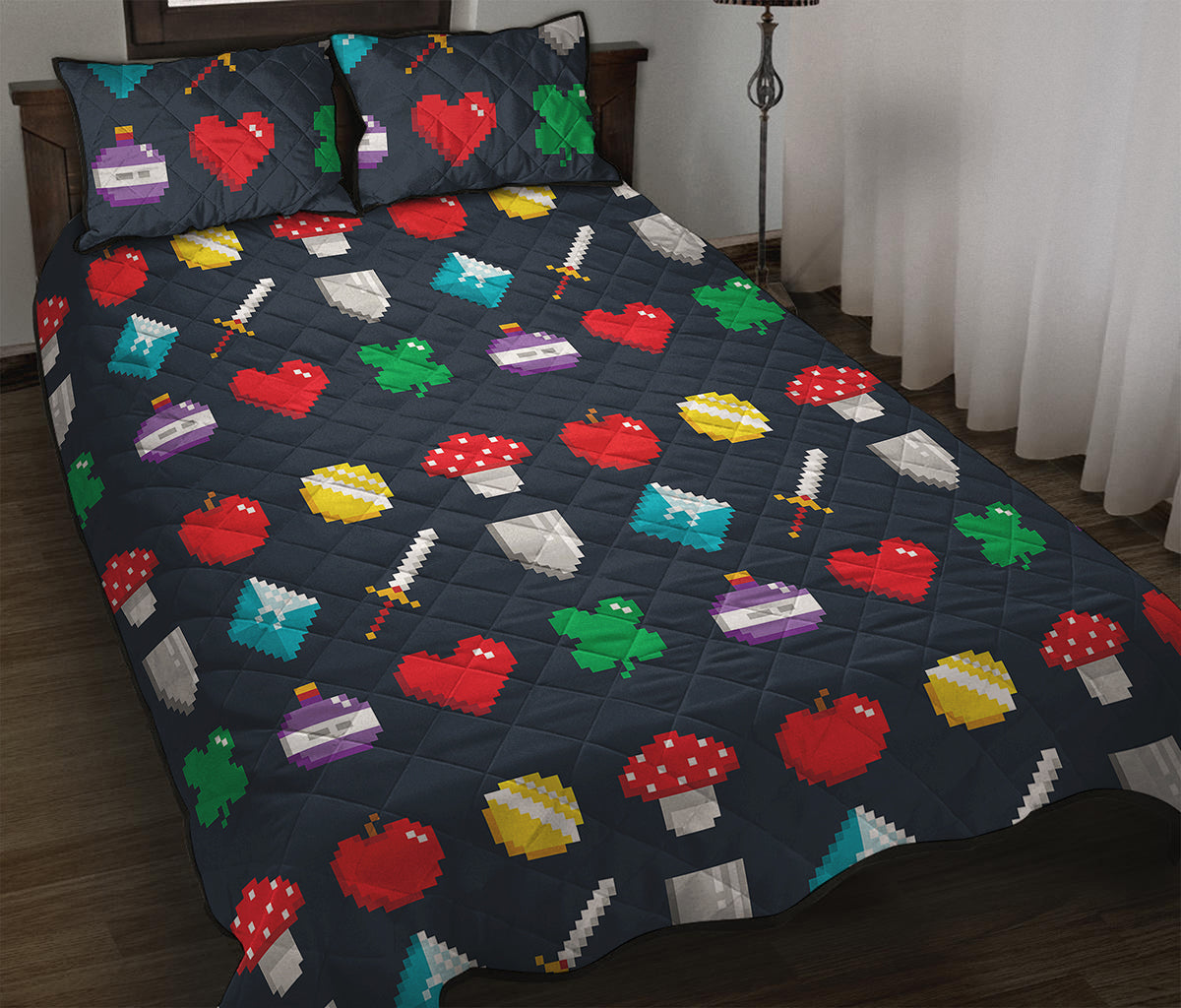 8-Bit Pixel Game Items Print Quilt Bed Set