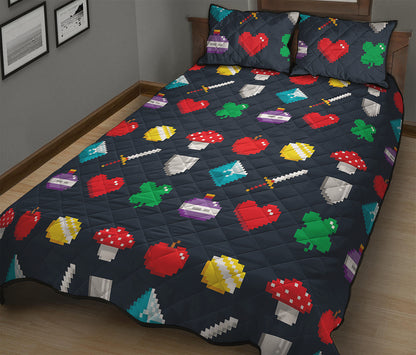 8-Bit Pixel Game Items Print Quilt Bed Set