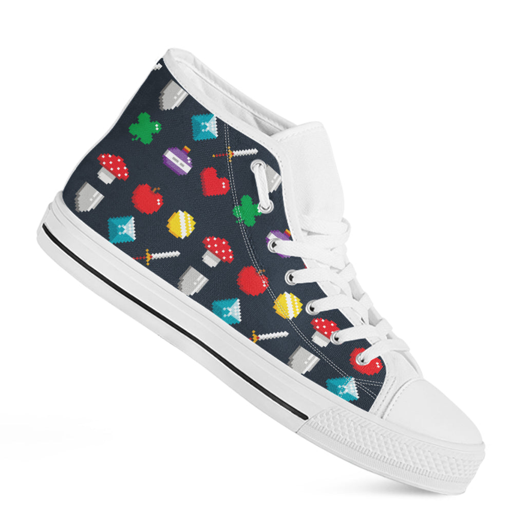 8-Bit Pixel Game Items Print White High Top Shoes