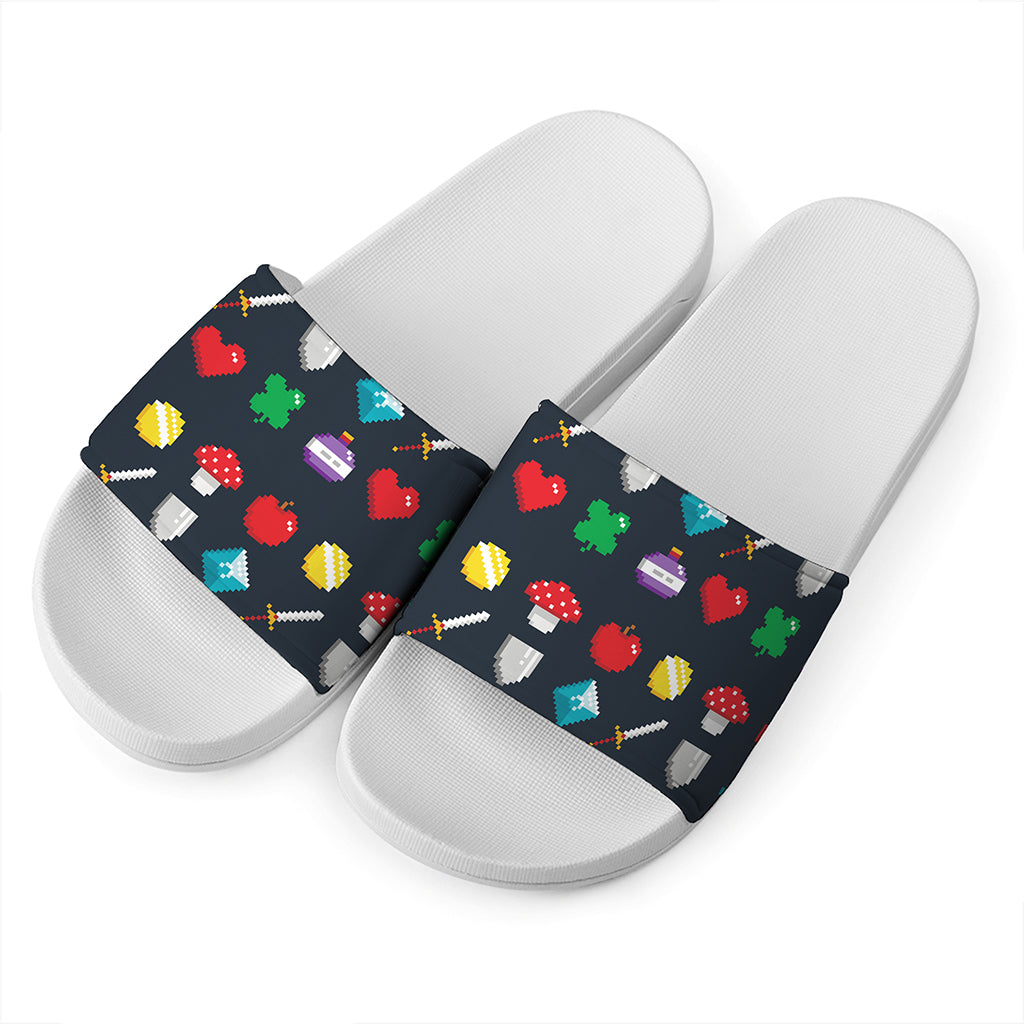 8-Bit Pixel Game Items Print White Slide Sandals