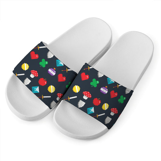 8-Bit Pixel Game Items Print White Slide Sandals