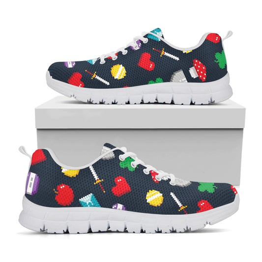 8-Bit Pixel Game Items Print White Sneakers