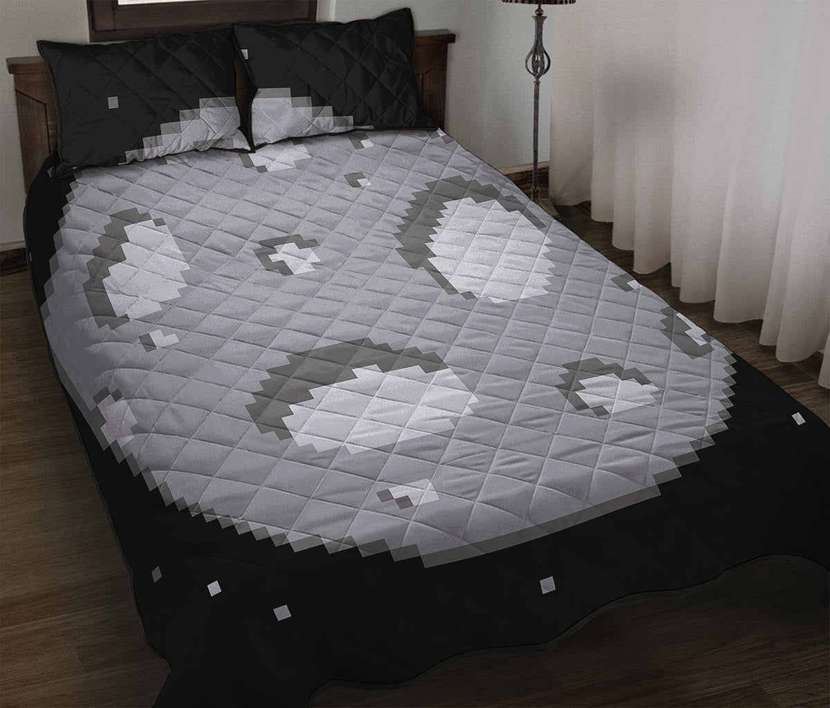 8-Bit Pixel Moon Print Quilt Bed Set