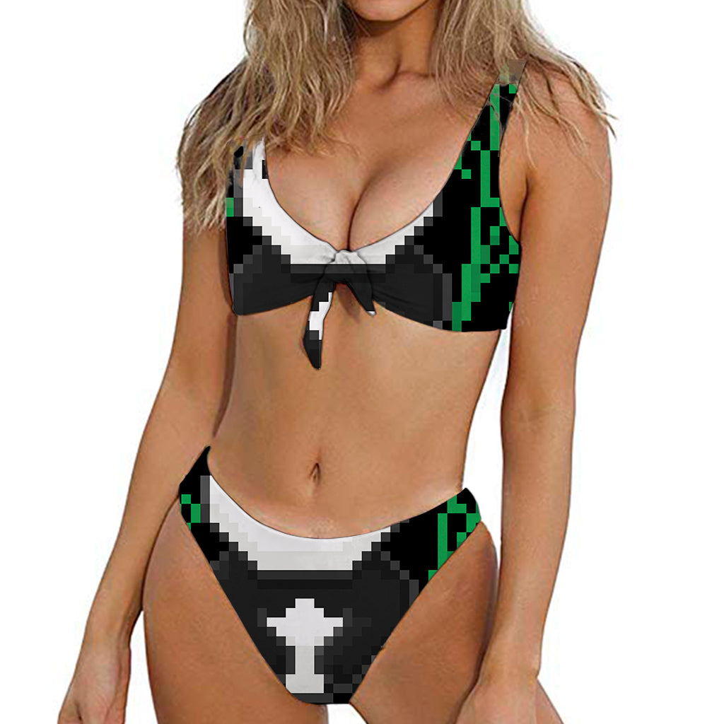 8-Bit Pixel Panda Print Front Bow Tie Bikini