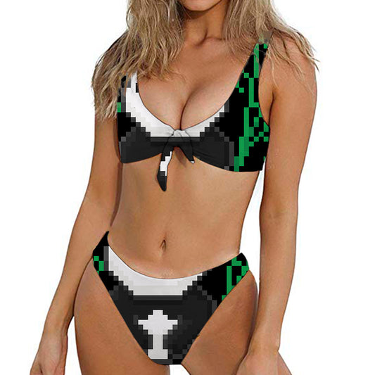8-Bit Pixel Panda Print Front Bow Tie Bikini