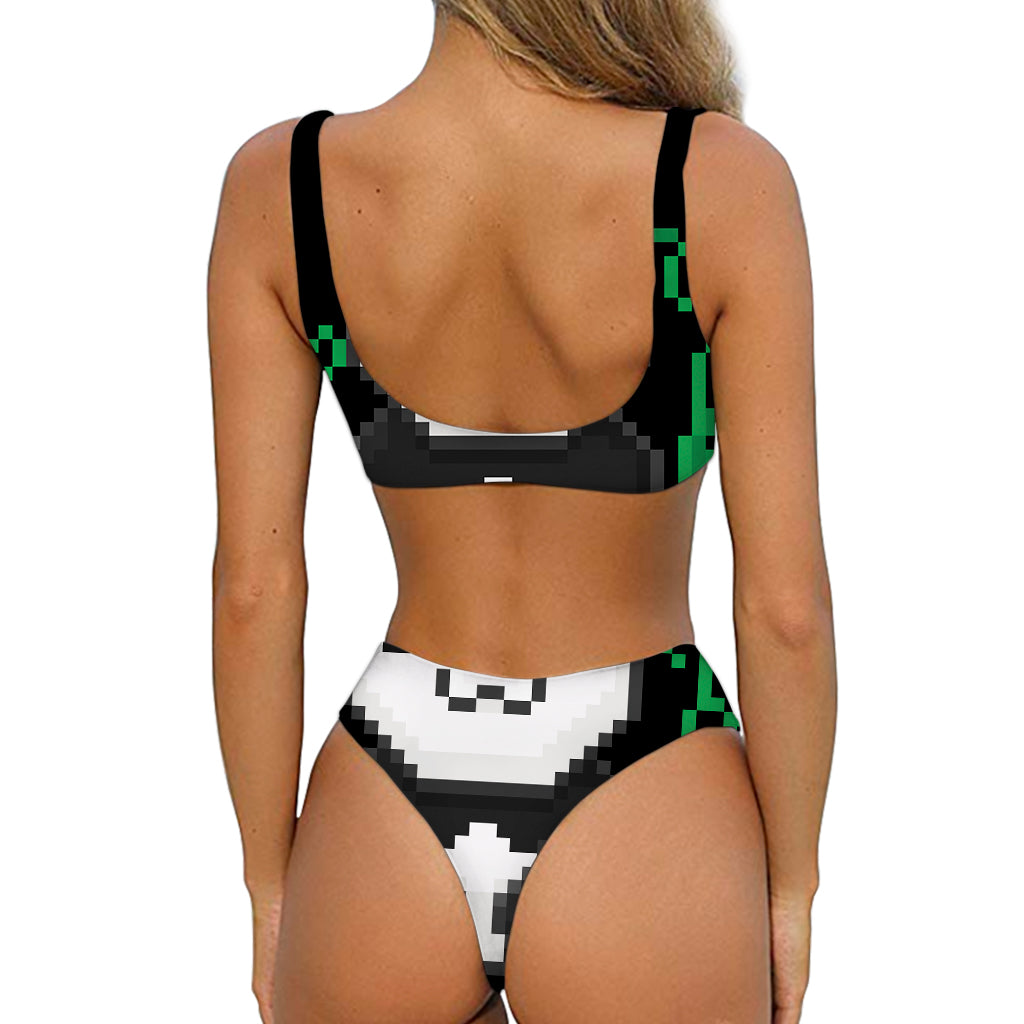 8-Bit Pixel Panda Print Front Bow Tie Bikini