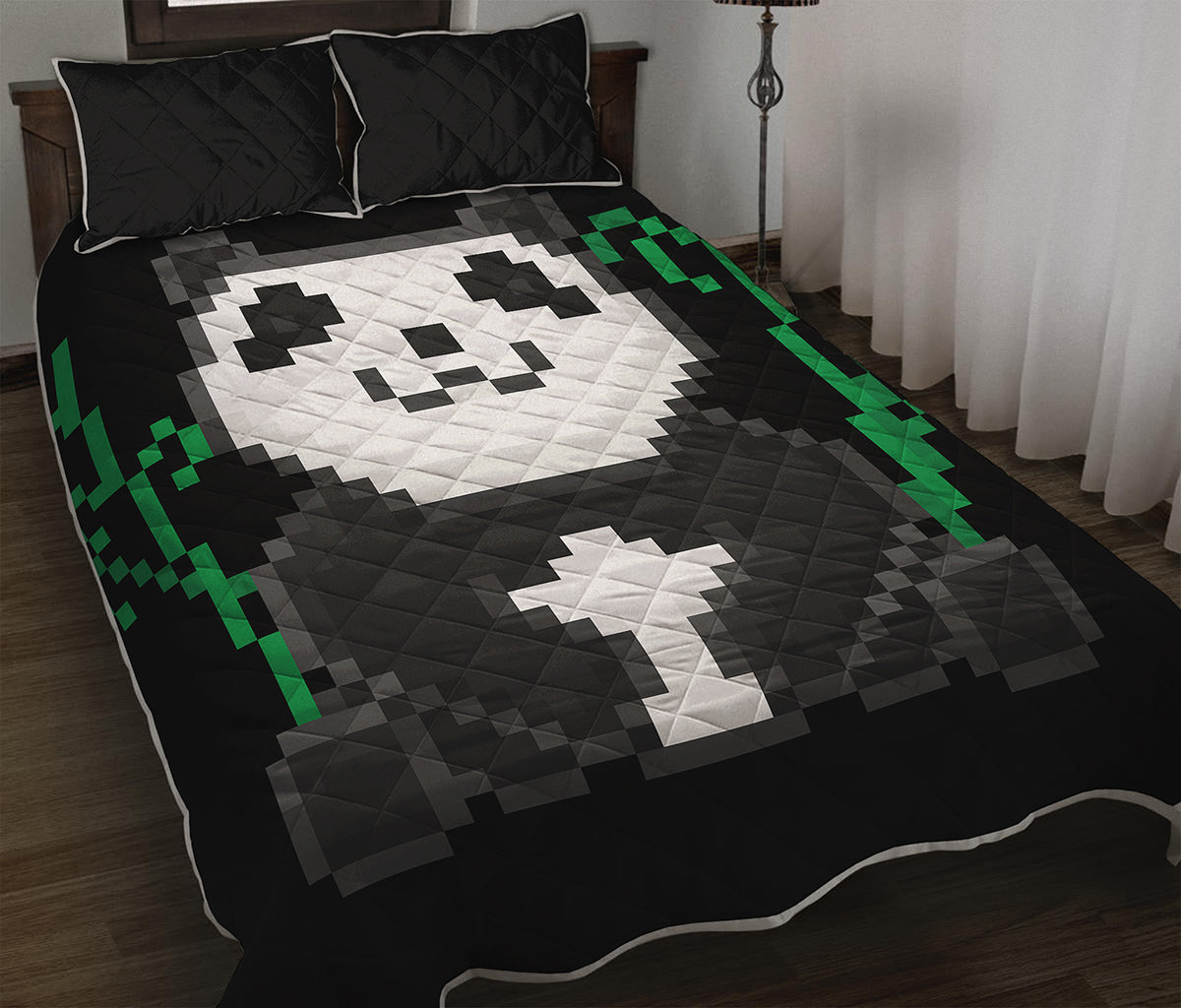 8-Bit Pixel Panda Print Quilt Bed Set