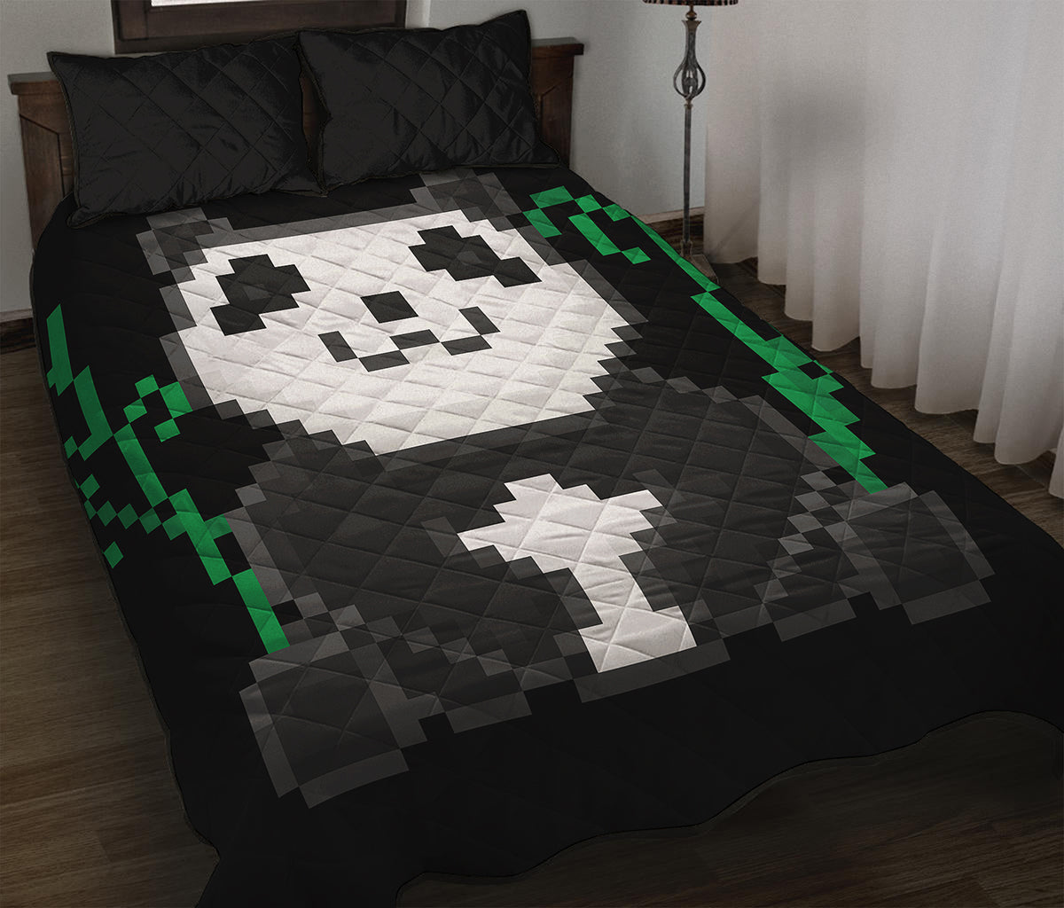 8-Bit Pixel Panda Print Quilt Bed Set