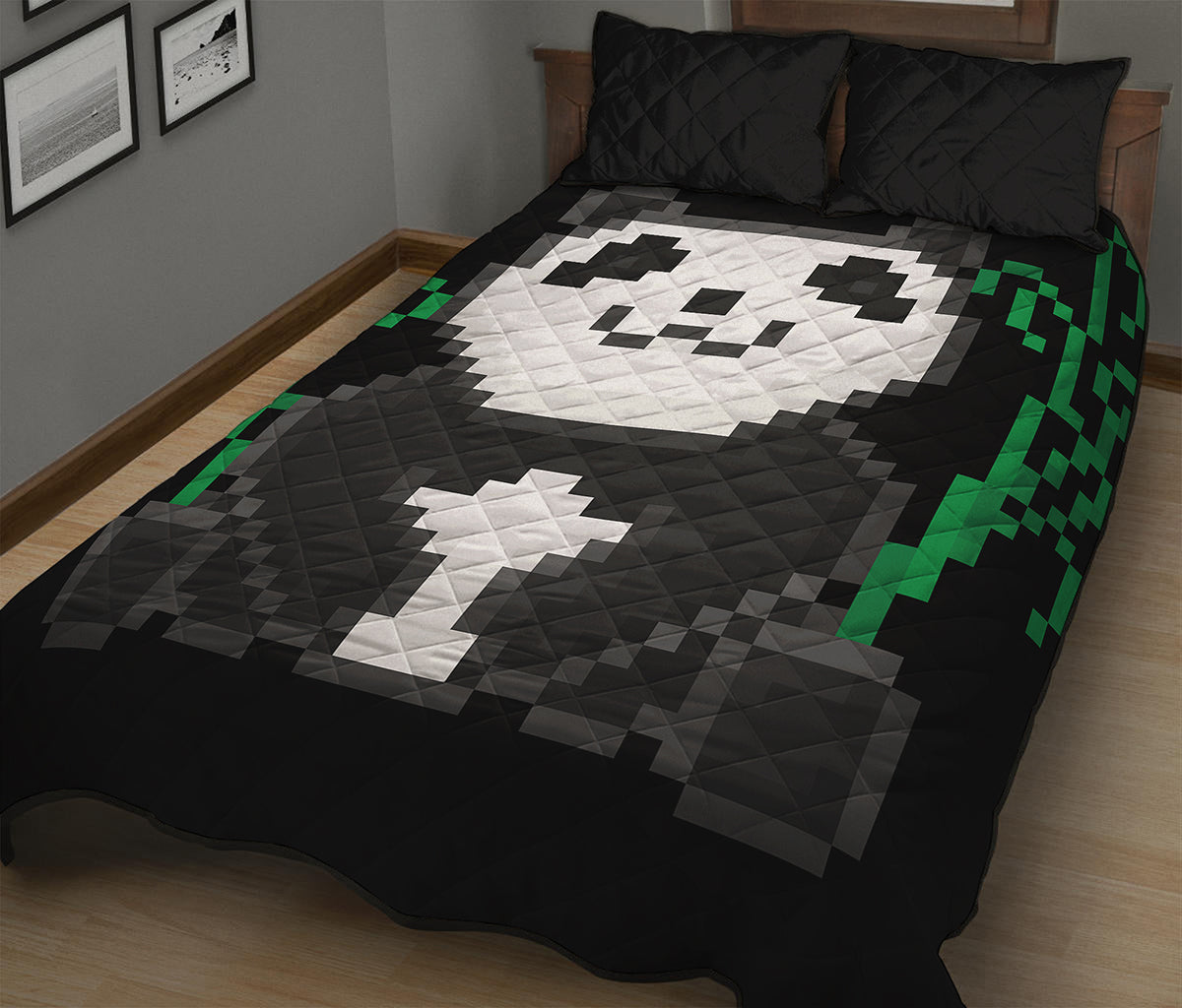 8-Bit Pixel Panda Print Quilt Bed Set