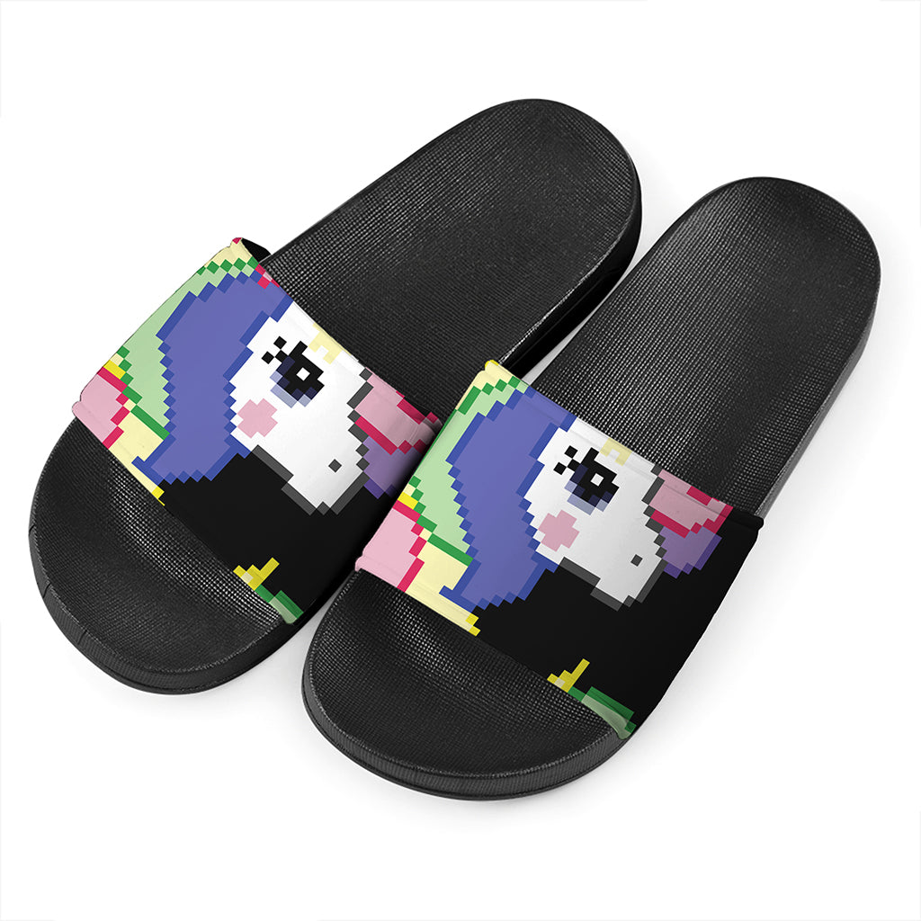 8-Bit Pixel Unicorn Print Black Slide Sandals