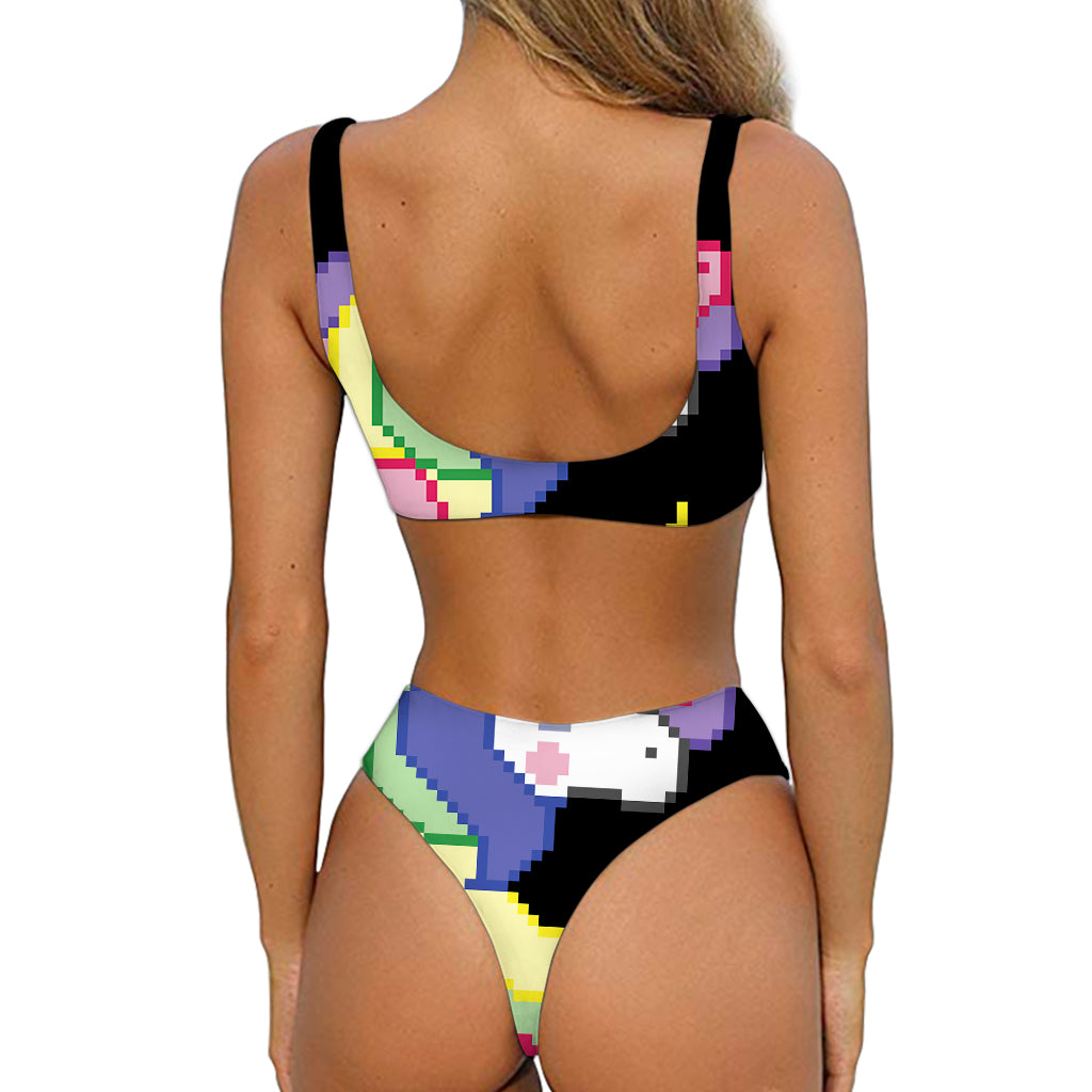 8-Bit Pixel Unicorn Print Front Bow Tie Bikini