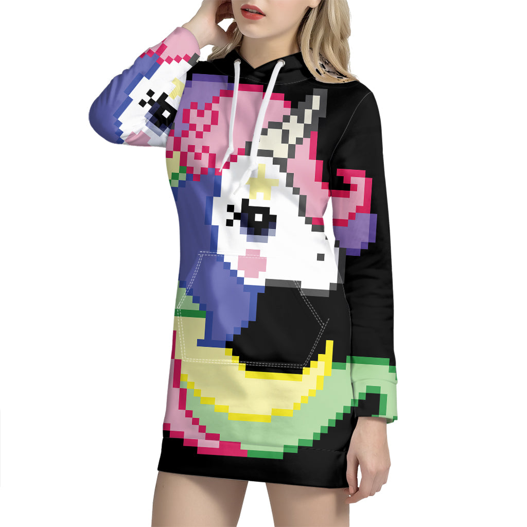 8-Bit Pixel Unicorn Print Pullover Hoodie Dress
