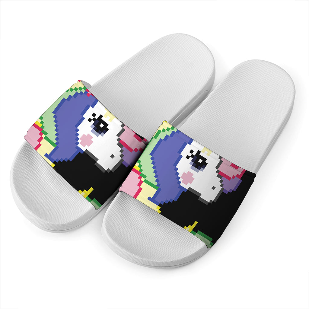 8-Bit Pixel Unicorn Print White Slide Sandals