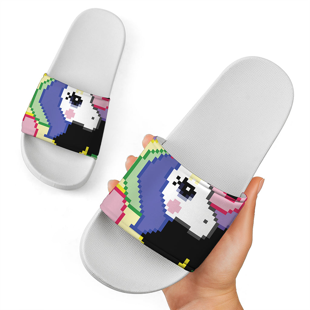 8-Bit Pixel Unicorn Print White Slide Sandals