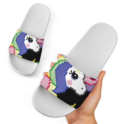 8-Bit Pixel Unicorn Print White Slide Sandals