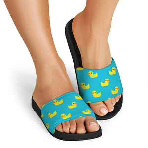 8-Bit Rubber Duck Pattern Print Black Slide Sandals