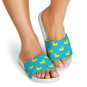 8-Bit Rubber Duck Pattern Print White Slide Sandals