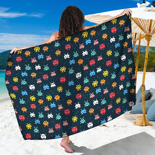 8-Bit Video Game Monsters Pattern Print Beach Sarong Wrap