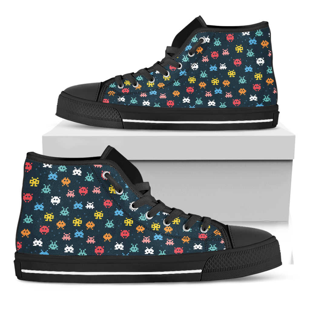 8-Bit Video Game Monsters Pattern Print Black High Top Shoes