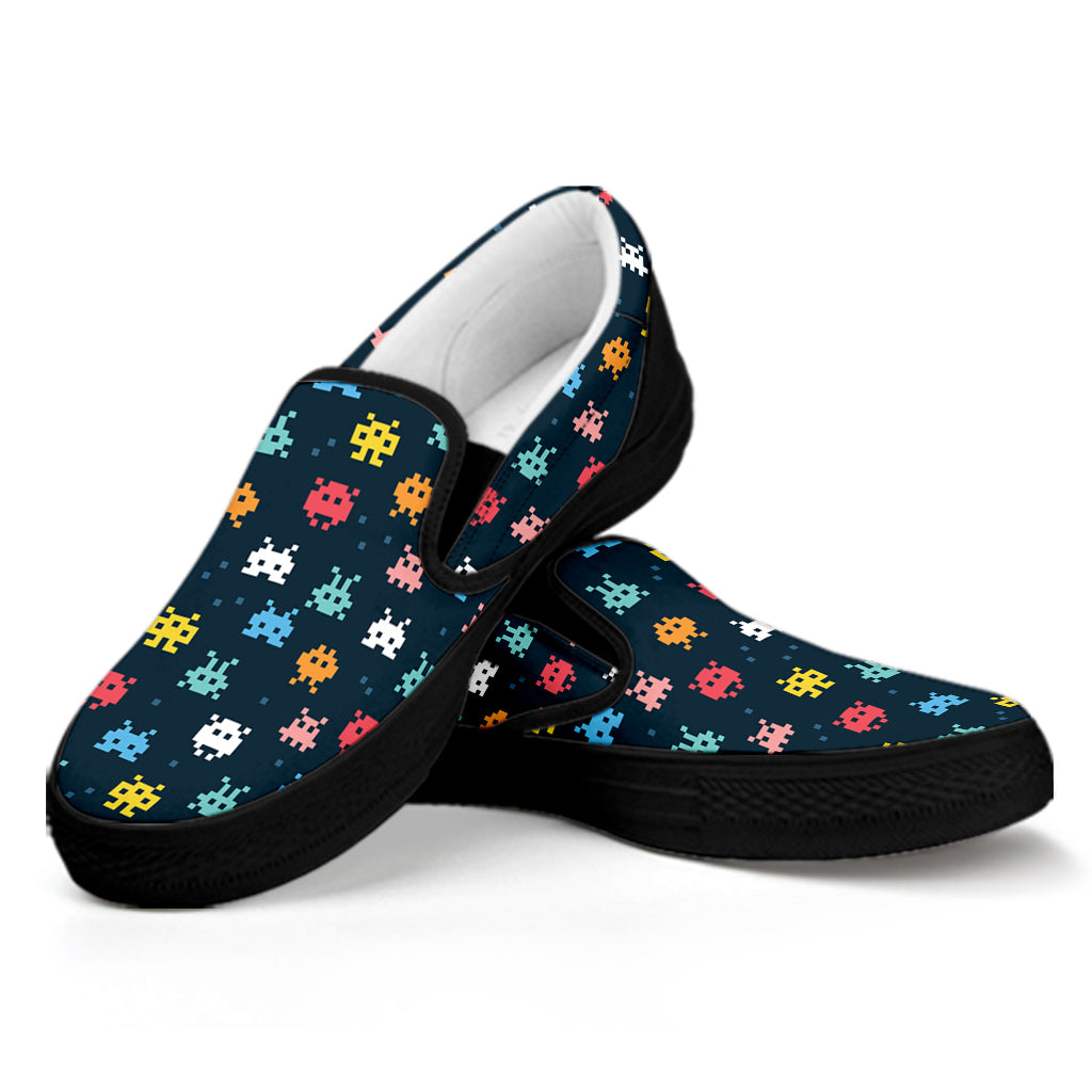 8-Bit Video Game Monsters Pattern Print Black Slip On Shoes