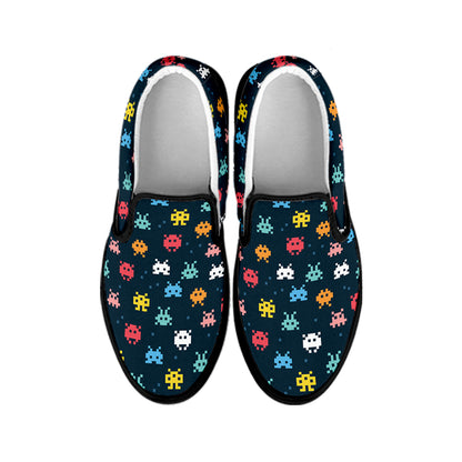 8-Bit Video Game Monsters Pattern Print Black Slip On Shoes