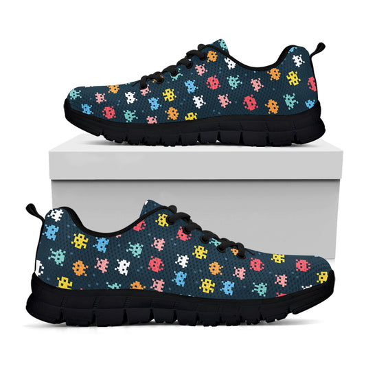 8-Bit Video Game Monsters Pattern Print Black Sneakers