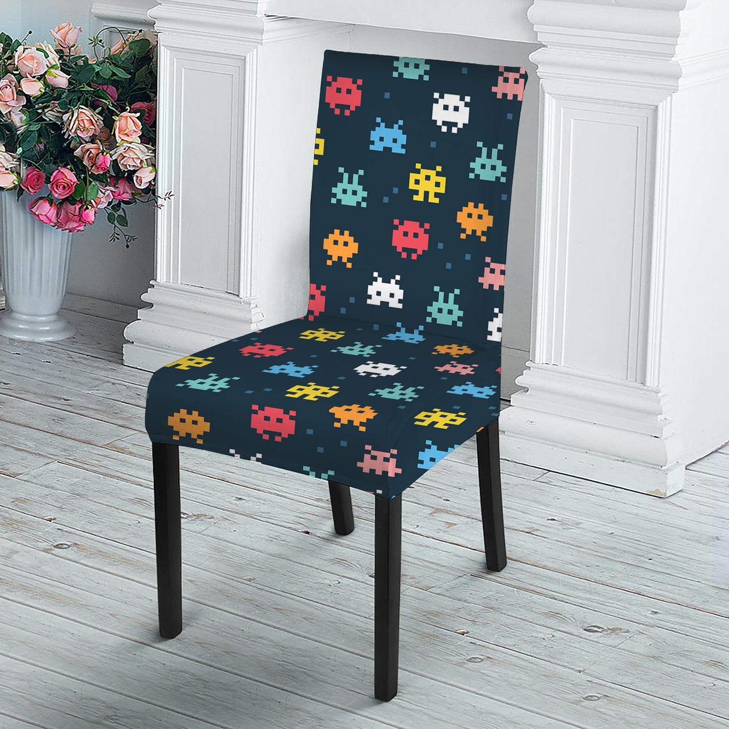 8-Bit Video Game Monsters Pattern Print Dining Chair Slipcover