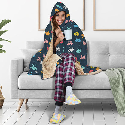 8-Bit Video Game Monsters Pattern Print Hooded Blanket