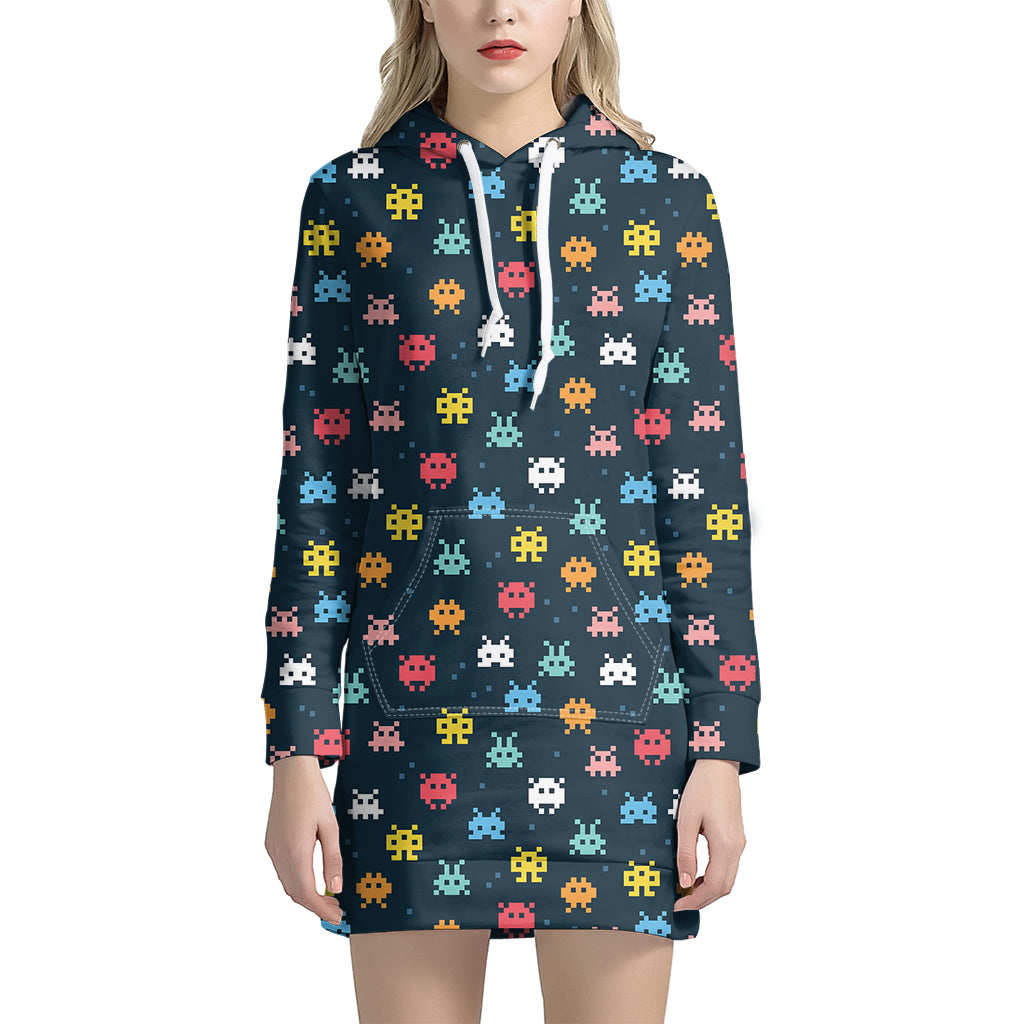 8-Bit Video Game Monsters Pattern Print Hoodie Dress