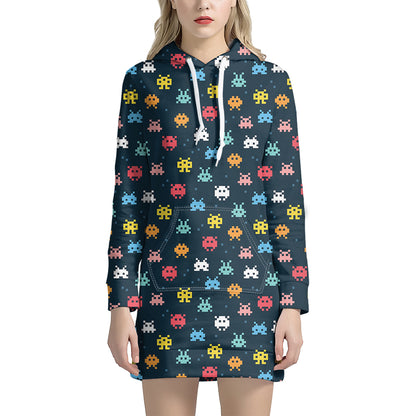 8-Bit Video Game Monsters Pattern Print Hoodie Dress