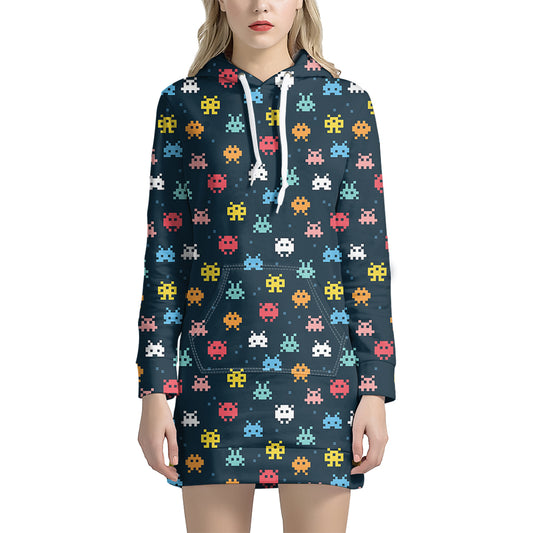 8-Bit Video Game Monsters Pattern Print Hoodie Dress