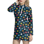 8-Bit Video Game Monsters Pattern Print Hoodie Dress