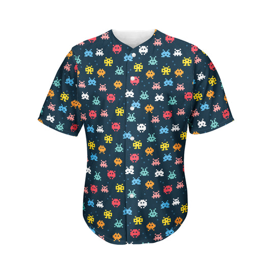 8-Bit Video Game Monsters Pattern Print Men's Baseball Jersey