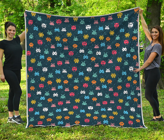 8-Bit Video Game Monsters Pattern Print Quilt