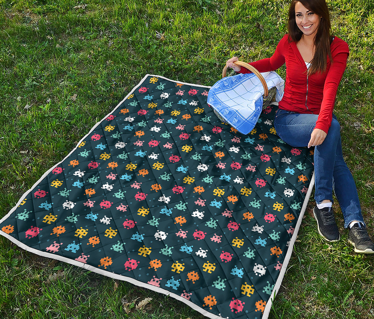8-Bit Video Game Monsters Pattern Print Quilt