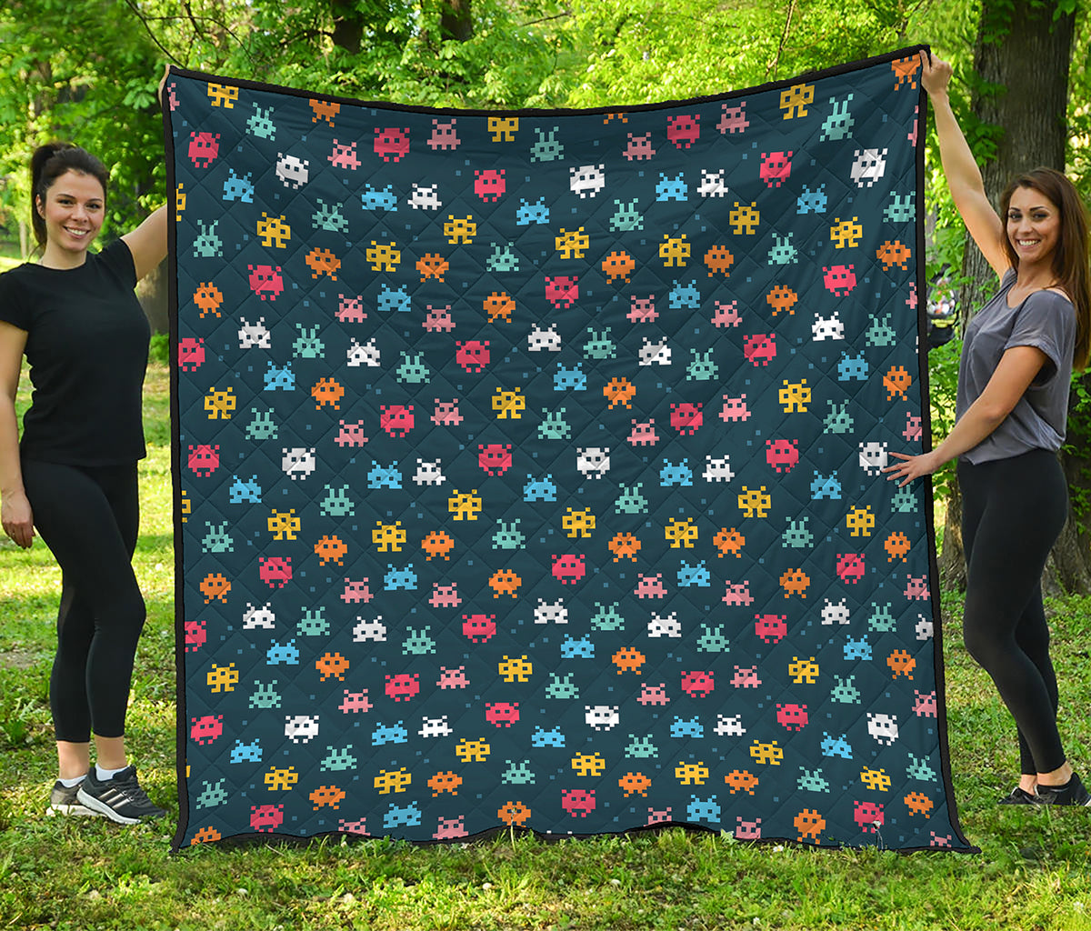 8-Bit Video Game Monsters Pattern Print Quilt