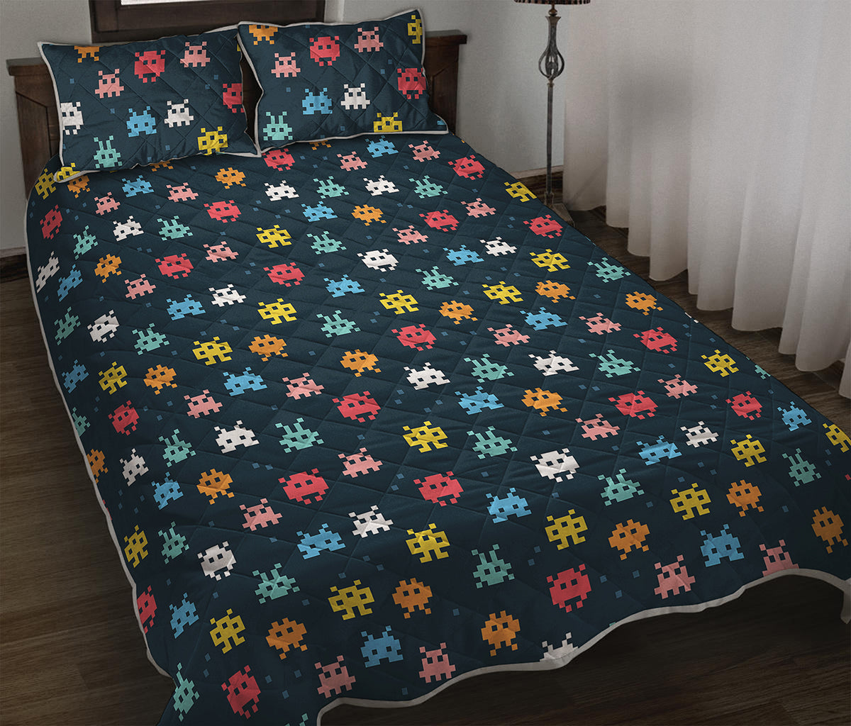 8-Bit Video Game Monsters Pattern Print Quilt Bed Set