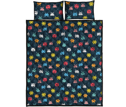 8-Bit Video Game Monsters Pattern Print Quilt Bed Set