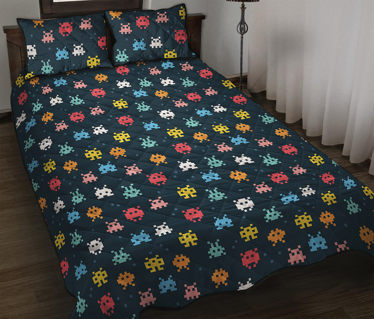 8-Bit Video Game Monsters Pattern Print Quilt Bed Set