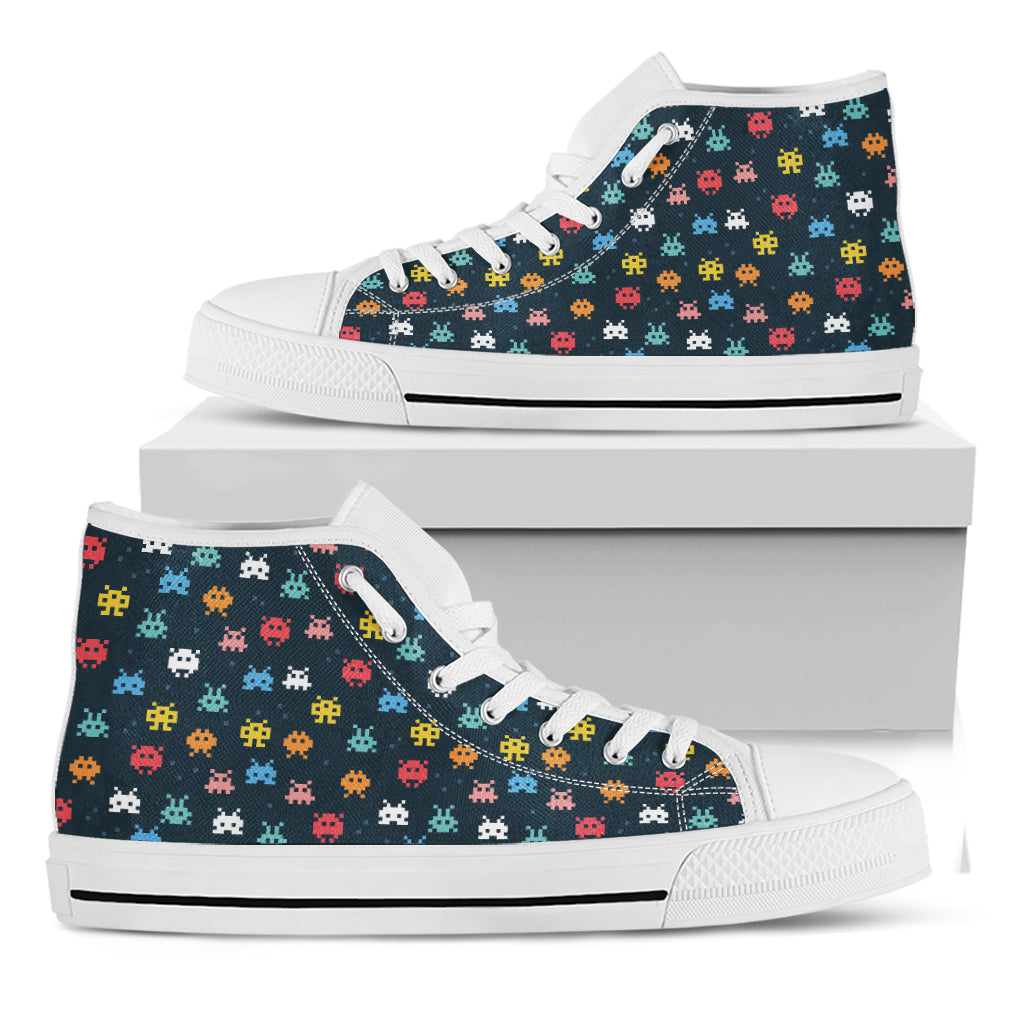 8-Bit Video Game Monsters Pattern Print White High Top Shoes