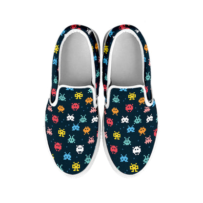 8-Bit Video Game Monsters Pattern Print White Slip On Shoes