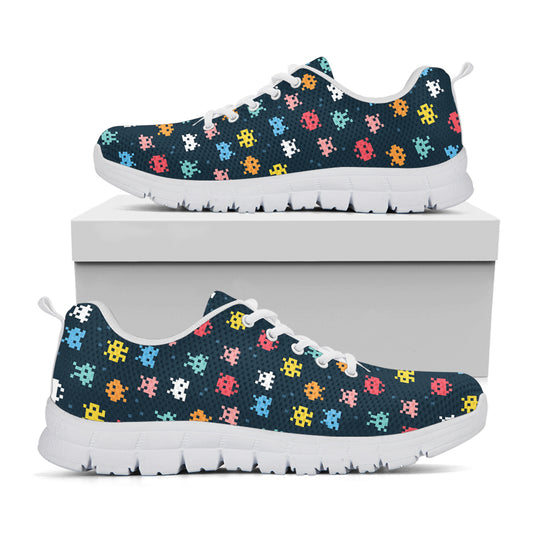 8-Bit Video Game Monsters Pattern Print White Sneakers