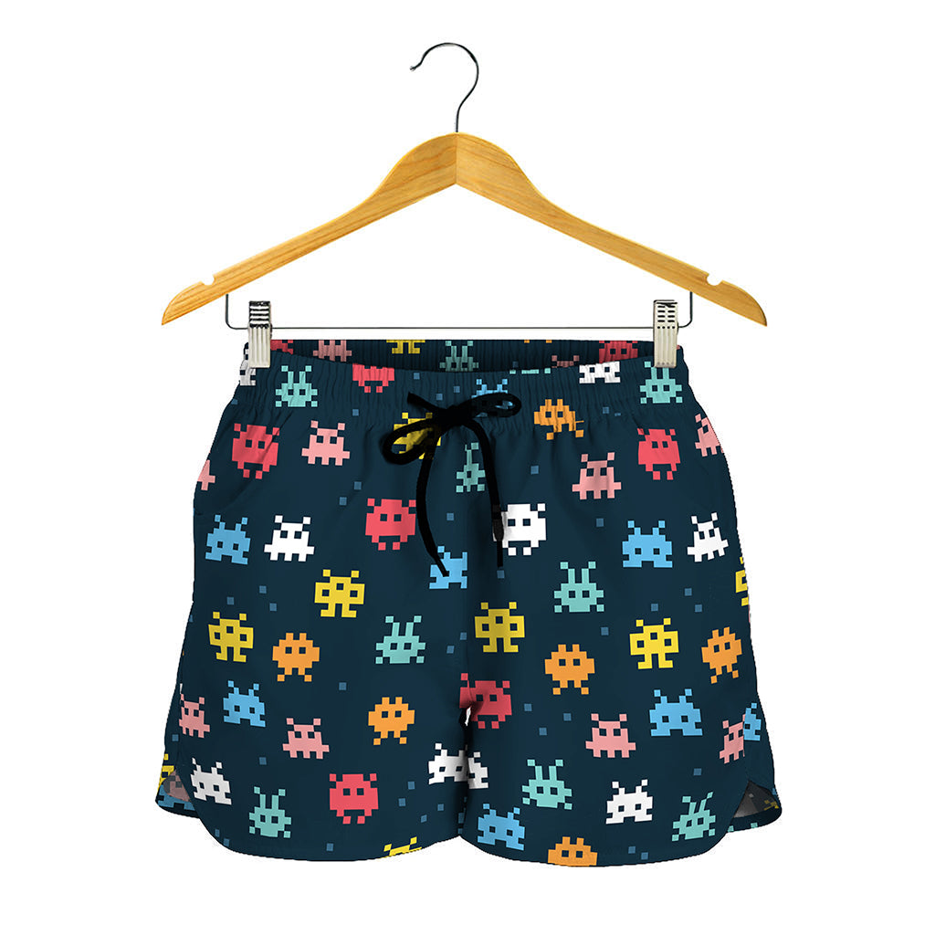 8-Bit Video Game Monsters Pattern Print Women's Shorts