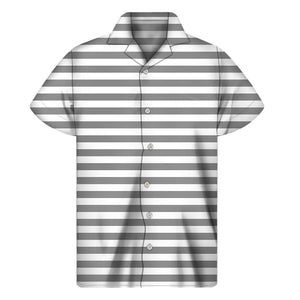 Grey And White Striped Pattern Print Men's Short Sleeve Shirt