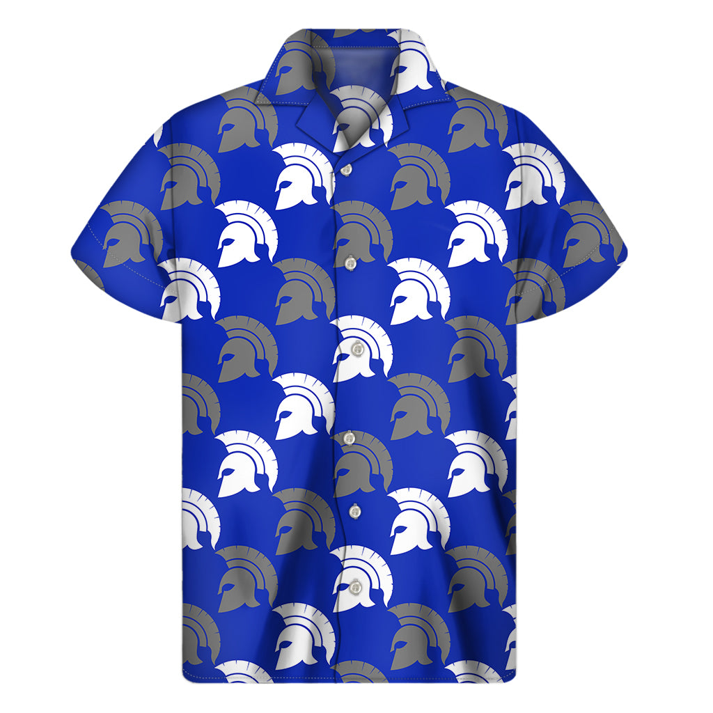Blue Spartan Warrior Helmet Pattern Print Men's Short Sleeve Shirt