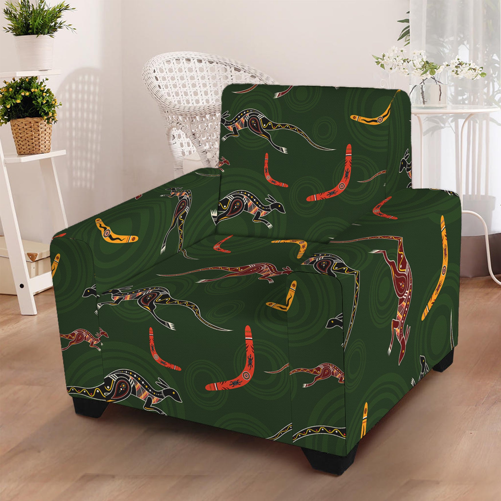 Aboriginal Boomerang And Kangaroo Print Armchair Slipcover