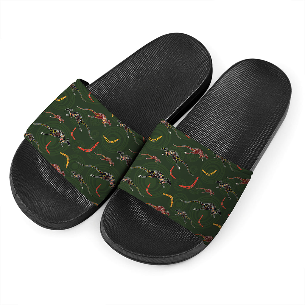 Aboriginal Boomerang And Kangaroo Print Black Slide Sandals