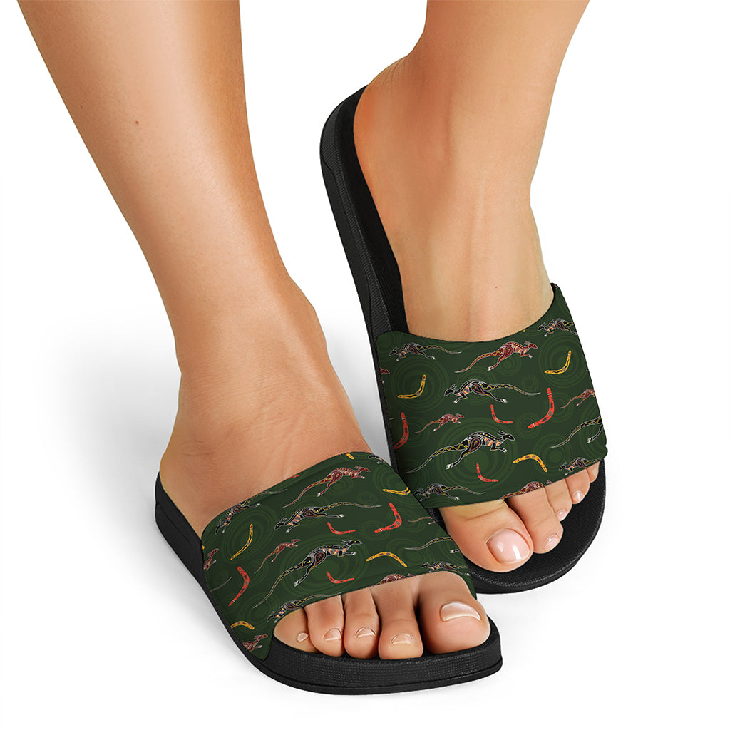 Aboriginal Boomerang And Kangaroo Print Black Slide Sandals