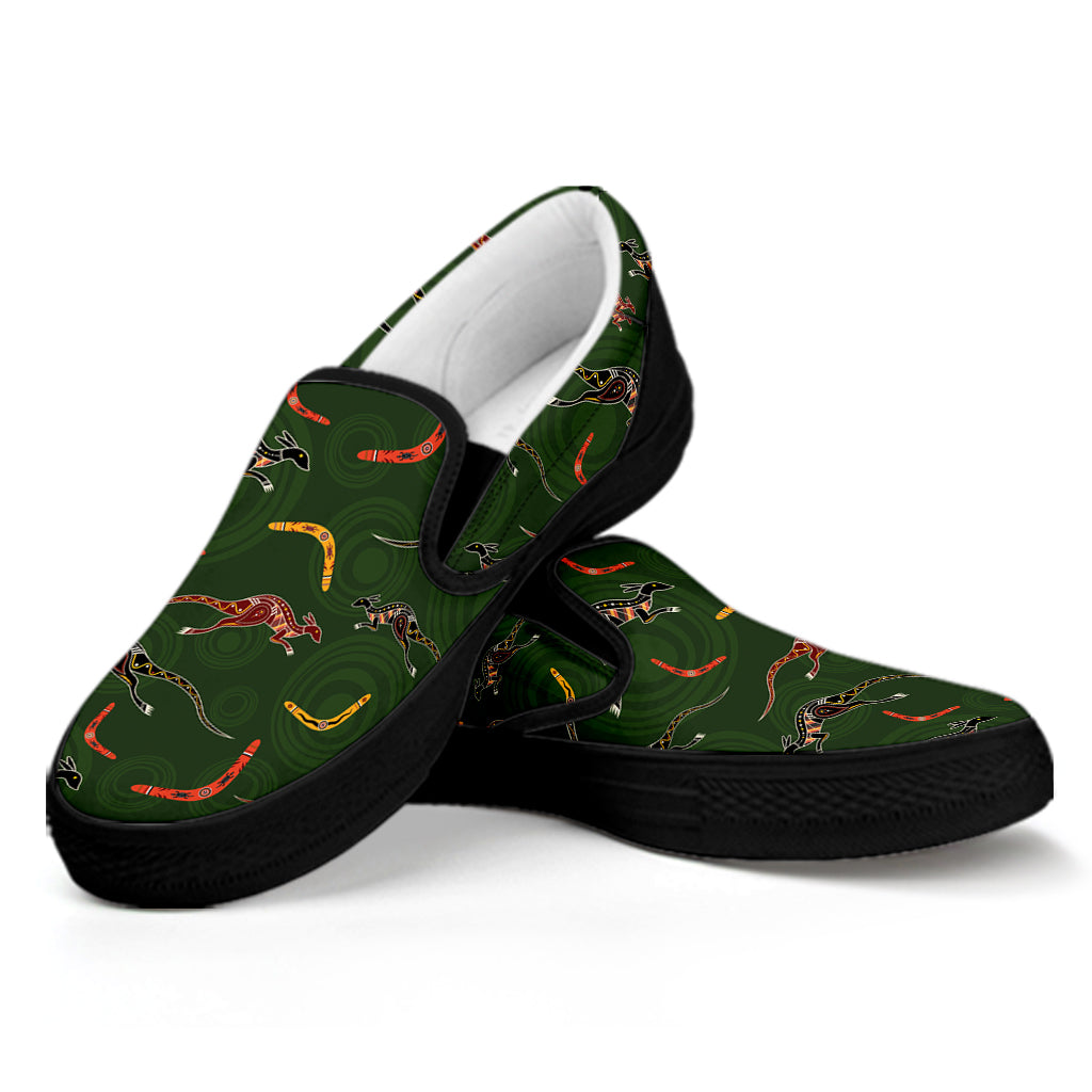 Aboriginal Boomerang And Kangaroo Print Black Slip On Shoes